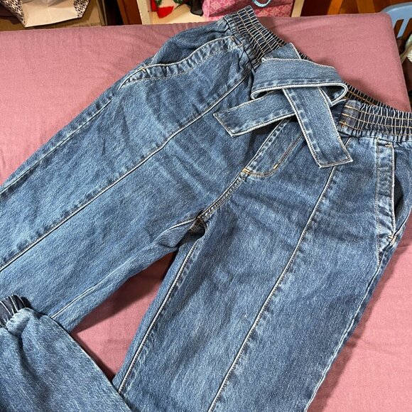 American Eagle Tie Belt Blue Jeans Elastic waist and on Bottom Of Legs - Size XS - Picture 3 of 8